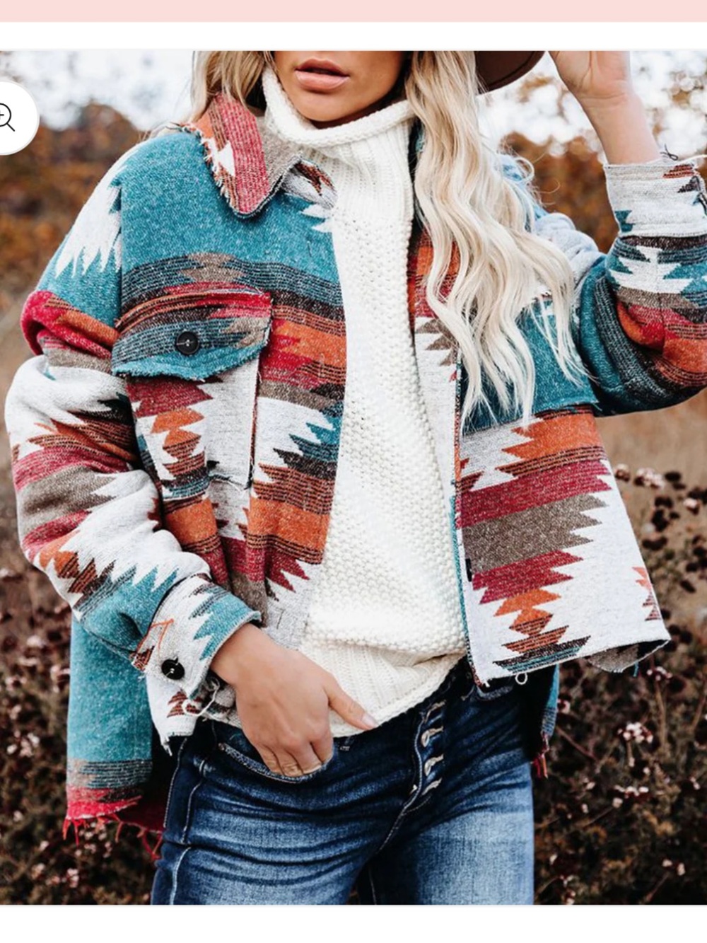 LA MIEL Aztec-Pattern Lightweight Shacket in Teal, Red & Orange